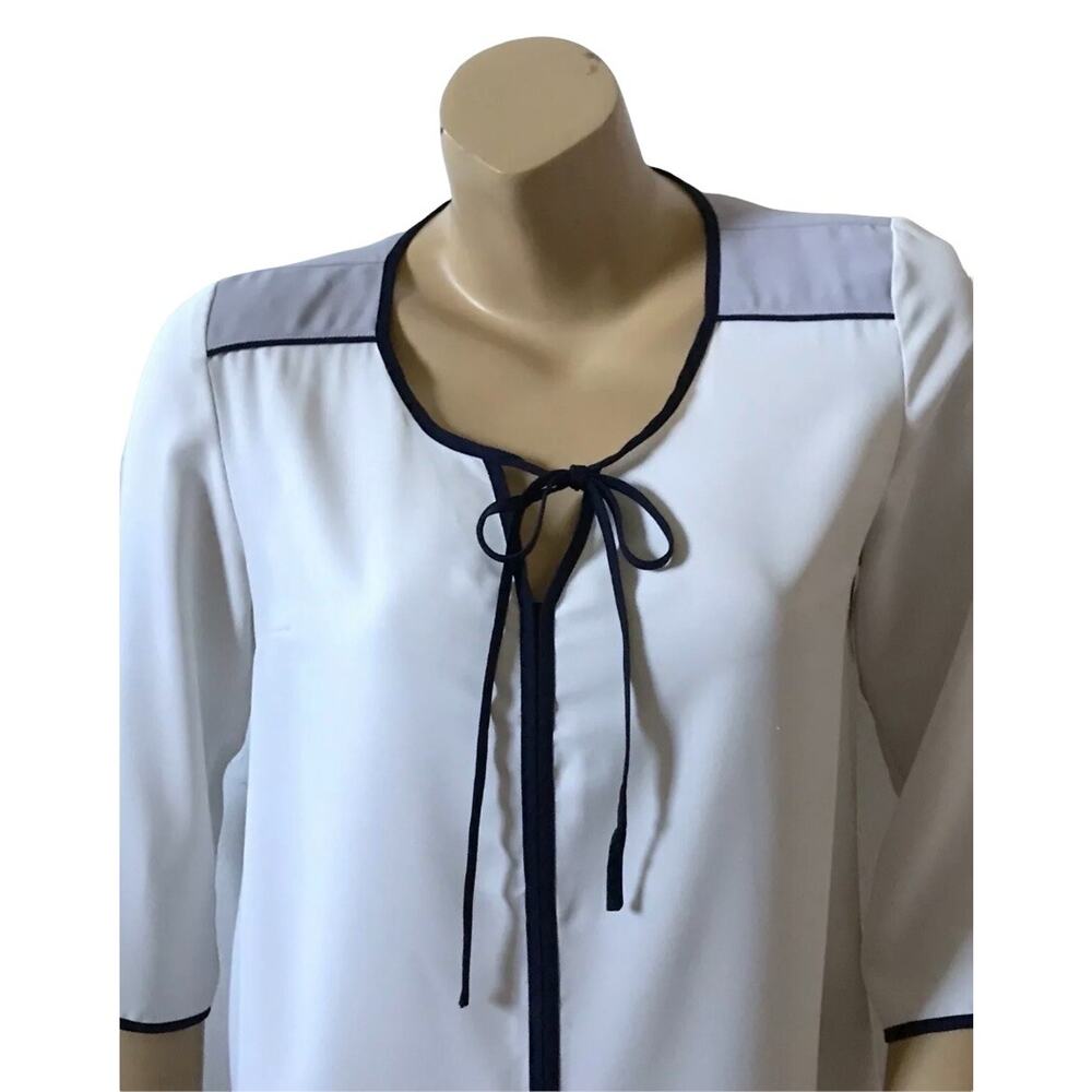 41 Hawthorn Blouse Womens Small White Navy Trim Keyhole Tie Neck 3/4 Sleeve - Picture 5 of 7